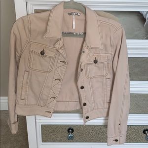 free people pink/cream denim jean cropped jacket